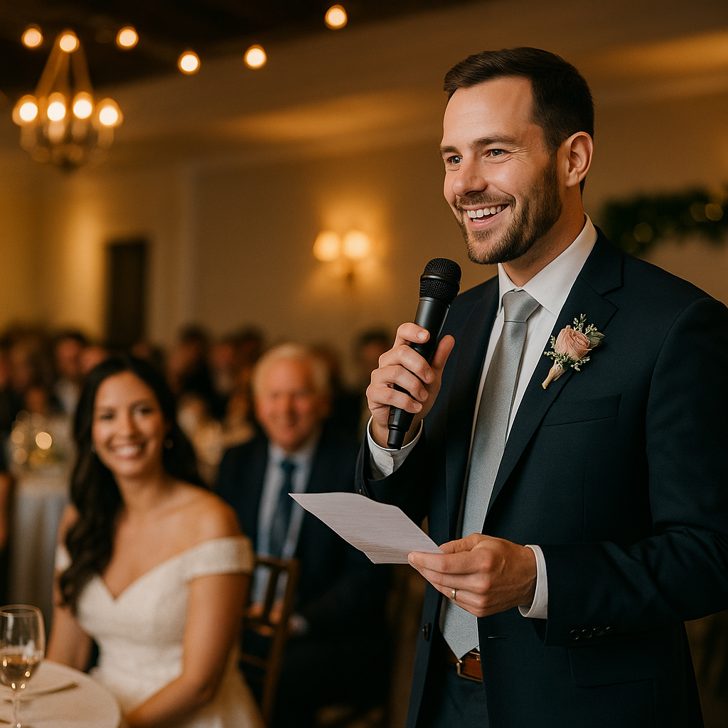 Best man giving heartfelt speech at wedding reception with microphone