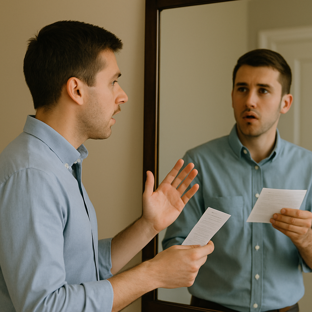Person practicing wedding speech in front of mirror, holding notes and gesturing