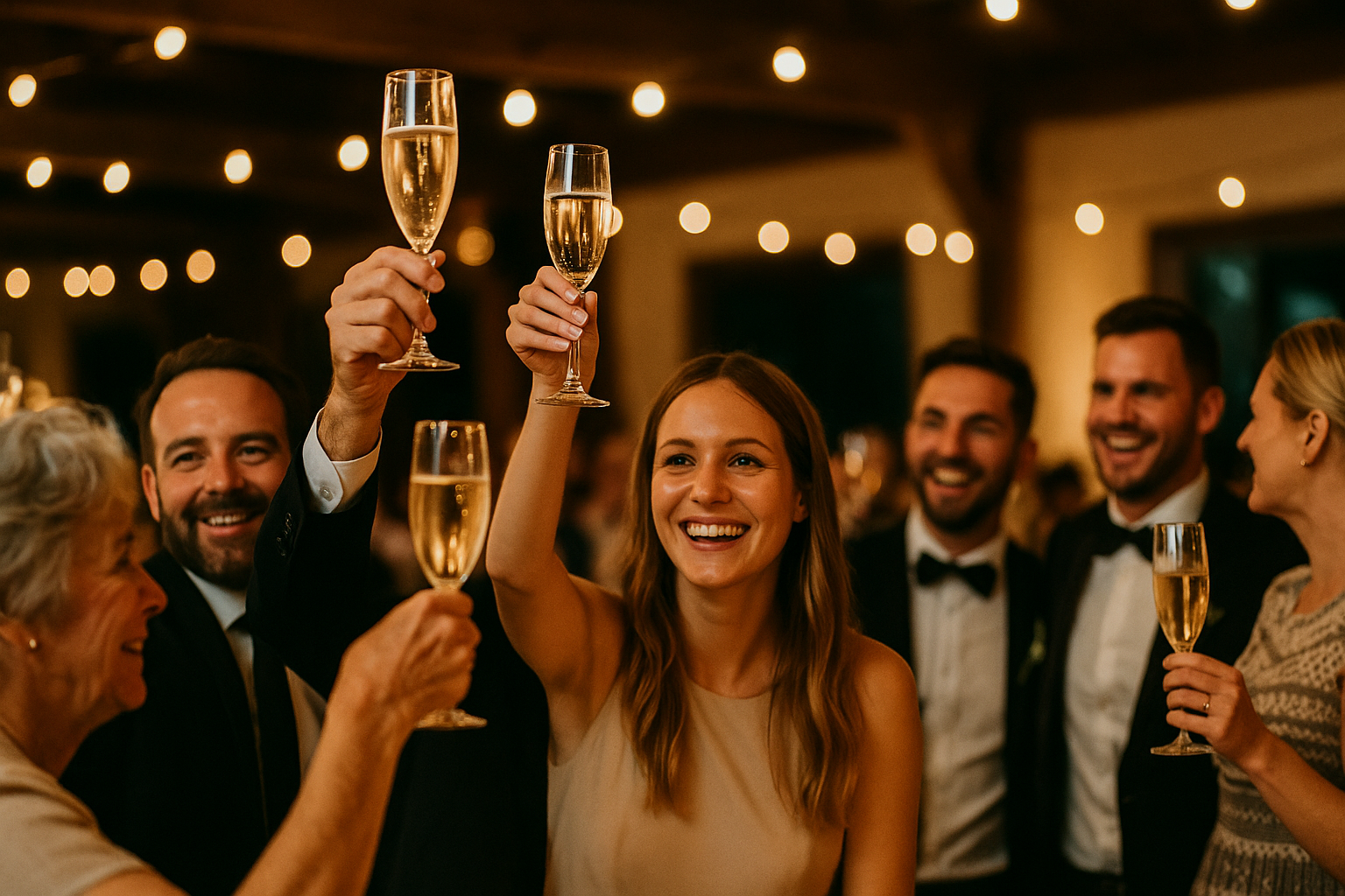 Wedding guests raising champagne glasses in a toast during reception celebration