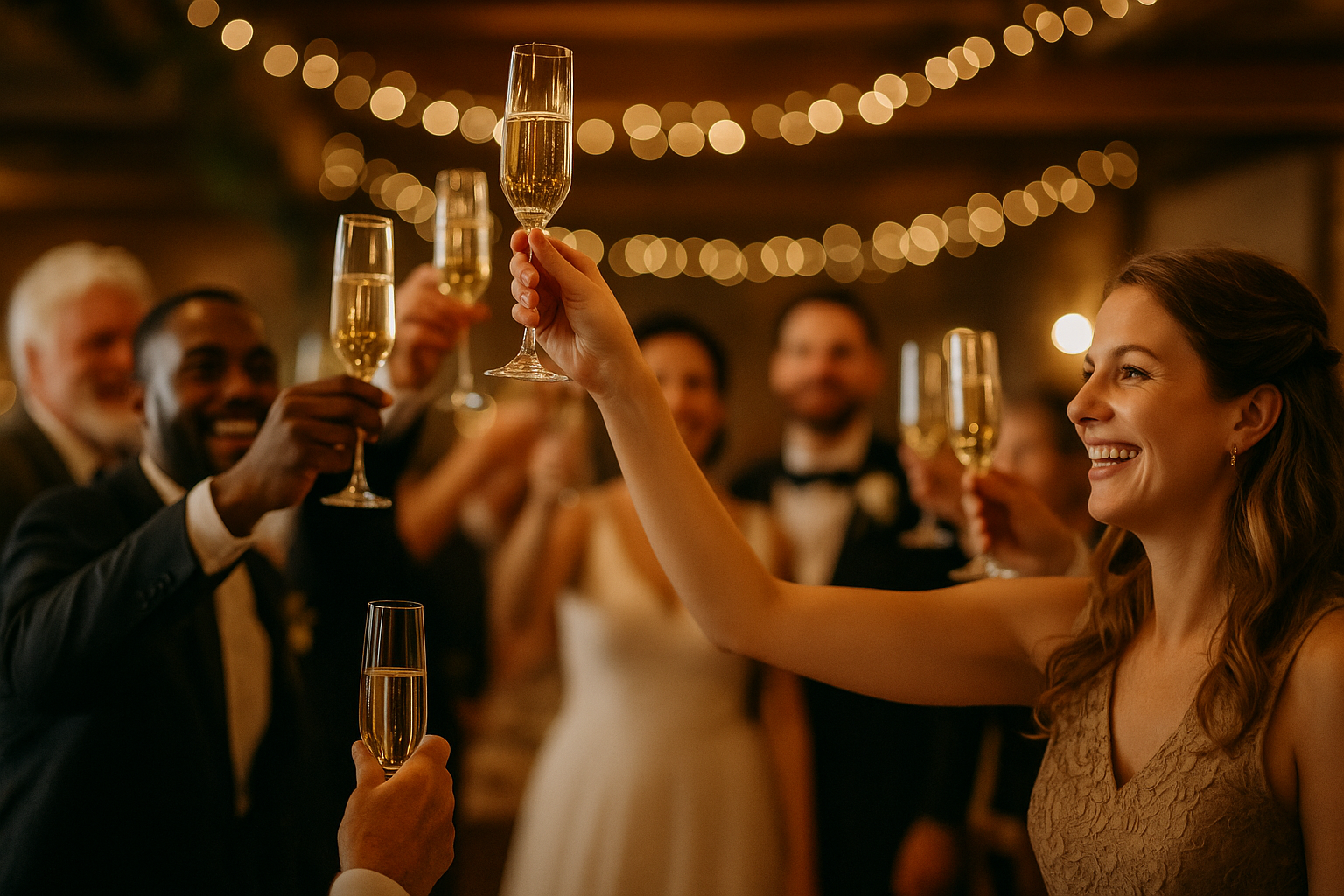 Wedding reception with guests holding champagne glasses raised in celebration toast