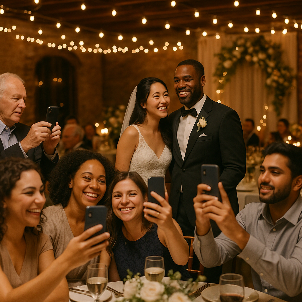 Wedding guests taking photos and sharing on social media during reception