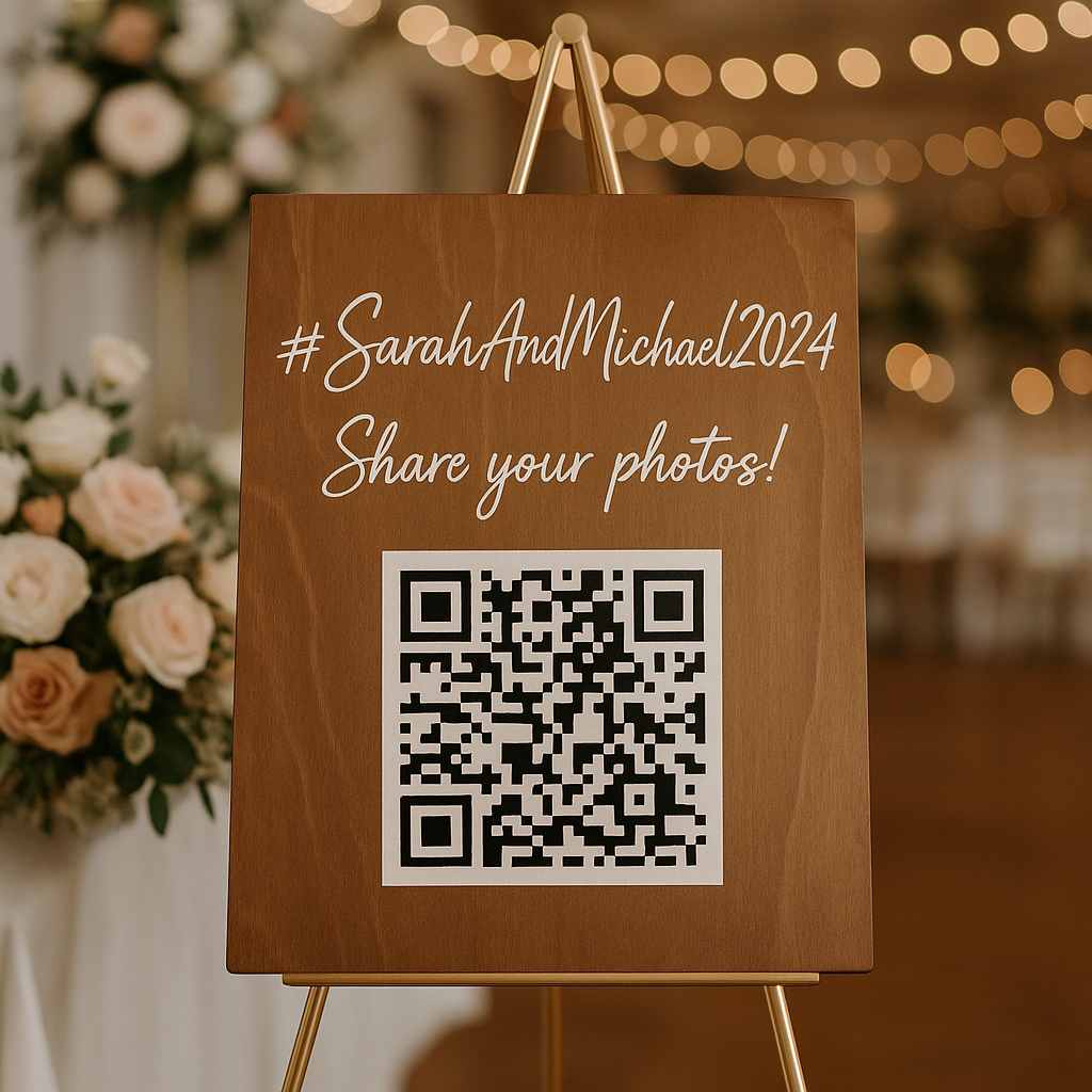 Wedding signage displaying hashtag and QR code for photo sharing