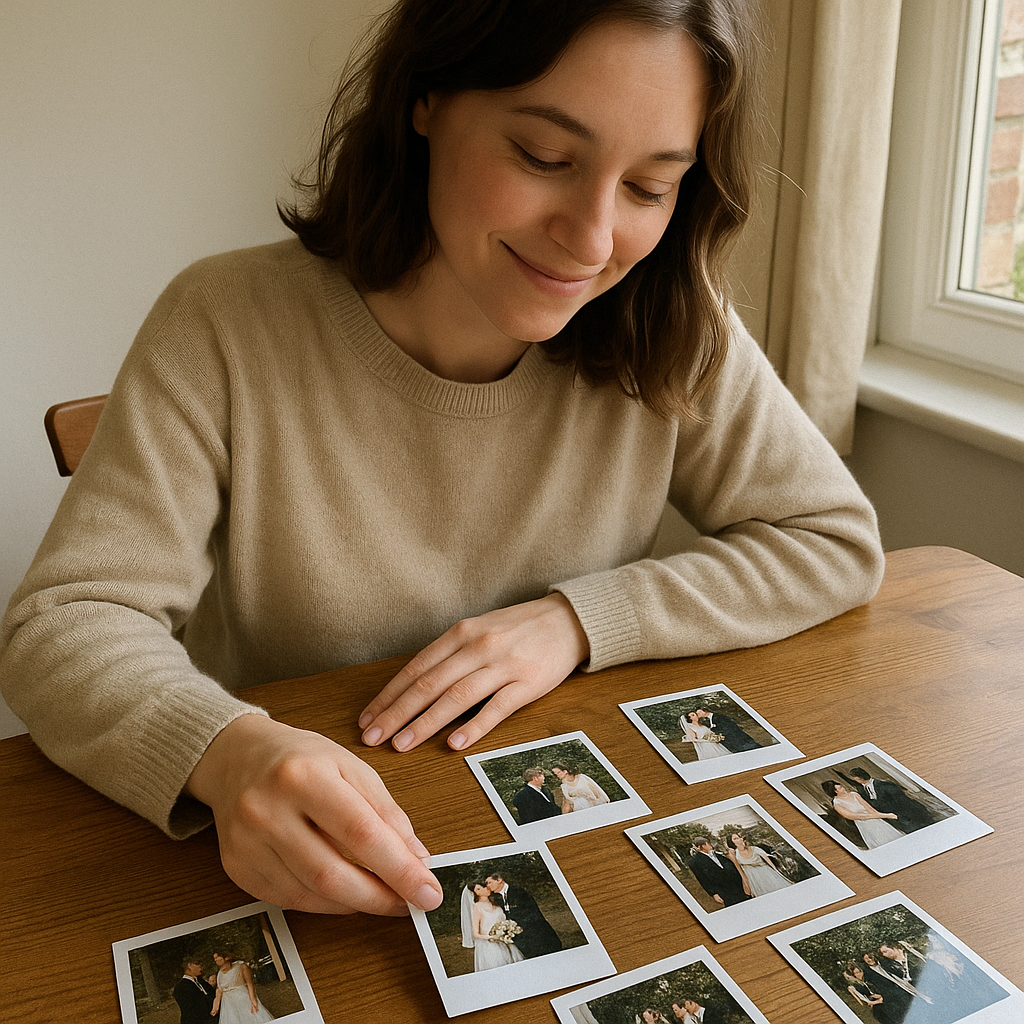 Couple looking at wedding photos on tablet with social media engagement visible