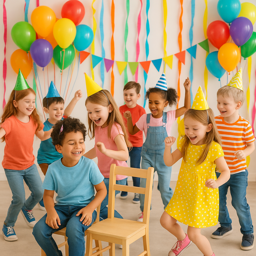 Children playing birthday party games and activities with colorful decorations