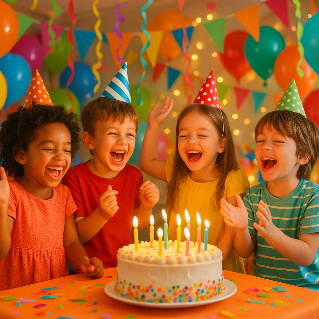 Children celebrating at colorful birthday party with balloons, decorations, and cake