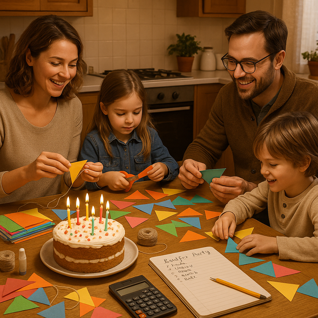 Family planning budget-friendly birthday party with DIY decorations and homemade cake