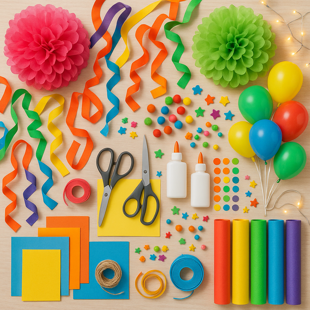 DIY birthday party decorations and budget-friendly party supplies on table